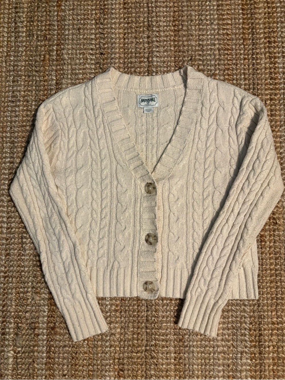 American Eagle Cream Cable-Knit V-Neck Cardigan Sweater